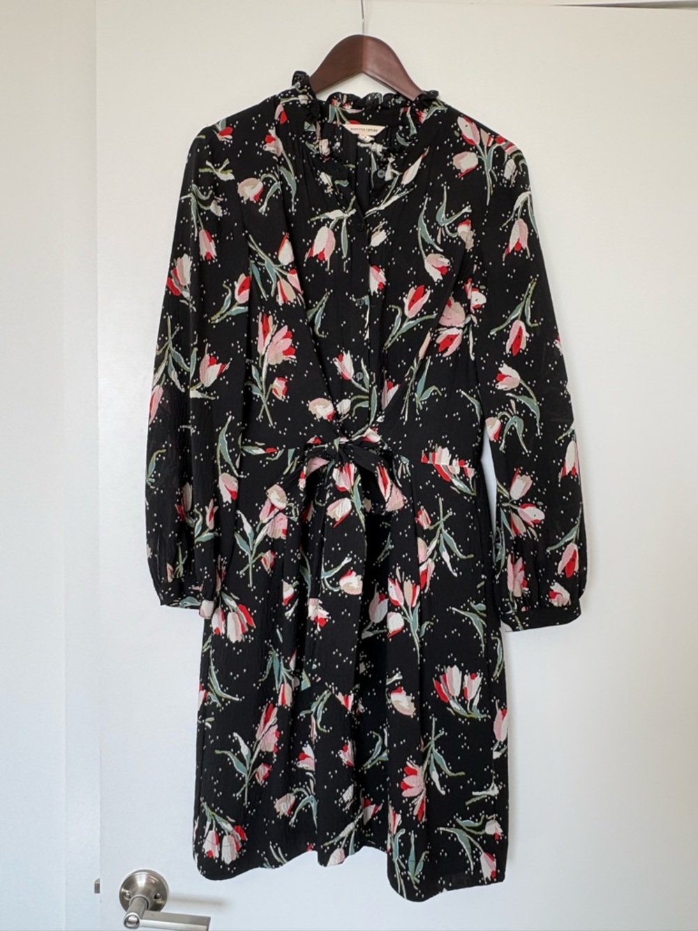 Rebecca Taylor Black Long Sleeve Floral Tie Waist Dress Tulip Ikat